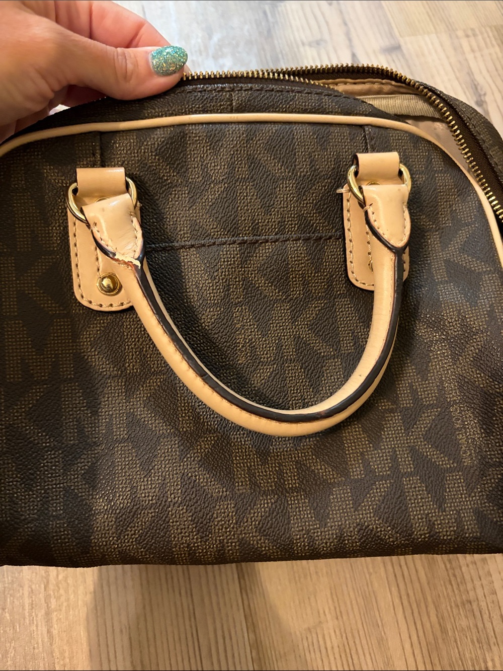 Michael Kors Brown Satchel with Tan Trim and MK Charm - Picture 4 of 4